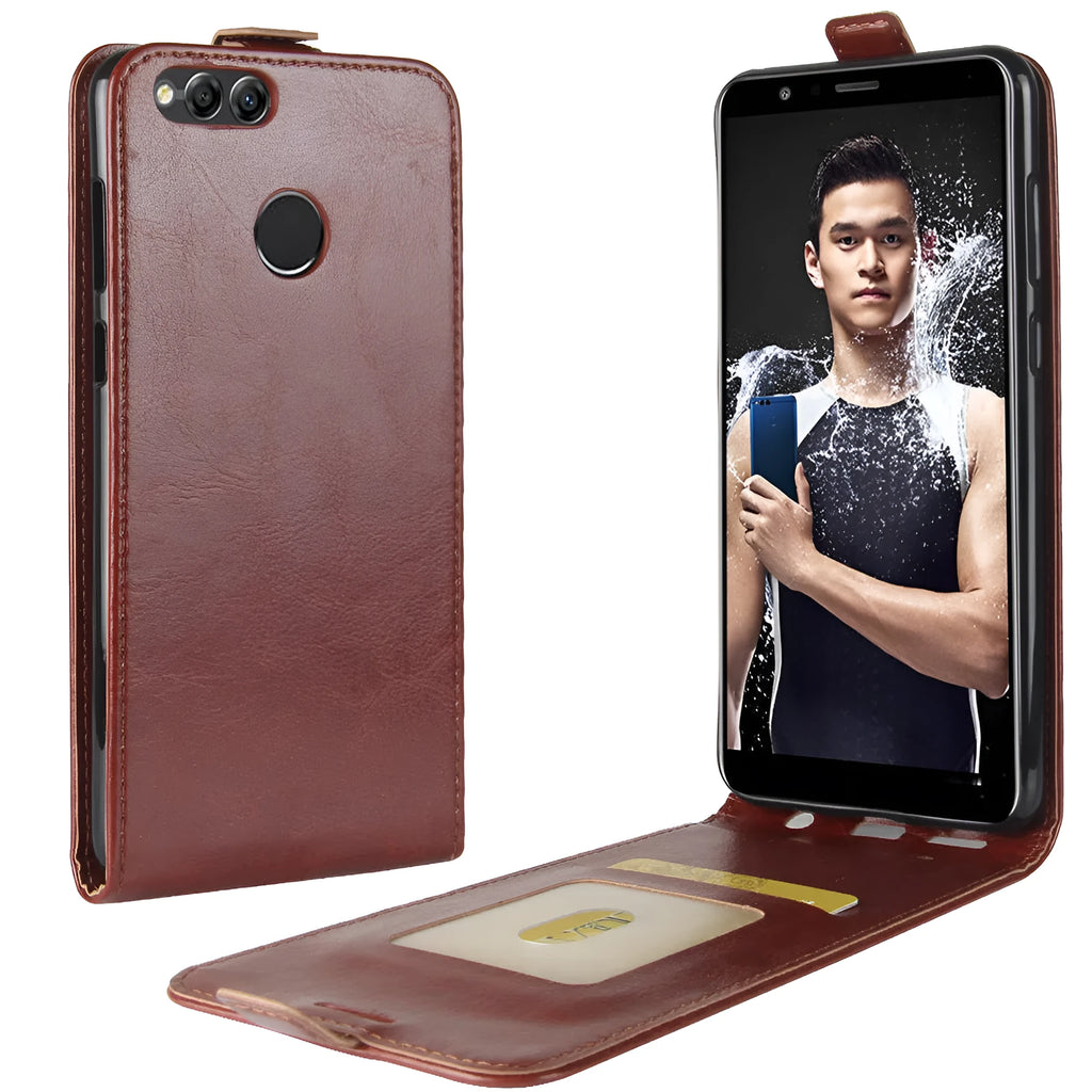 Honor 7X leather wallet phone case in crazy horse texture with visible card slots on the back.