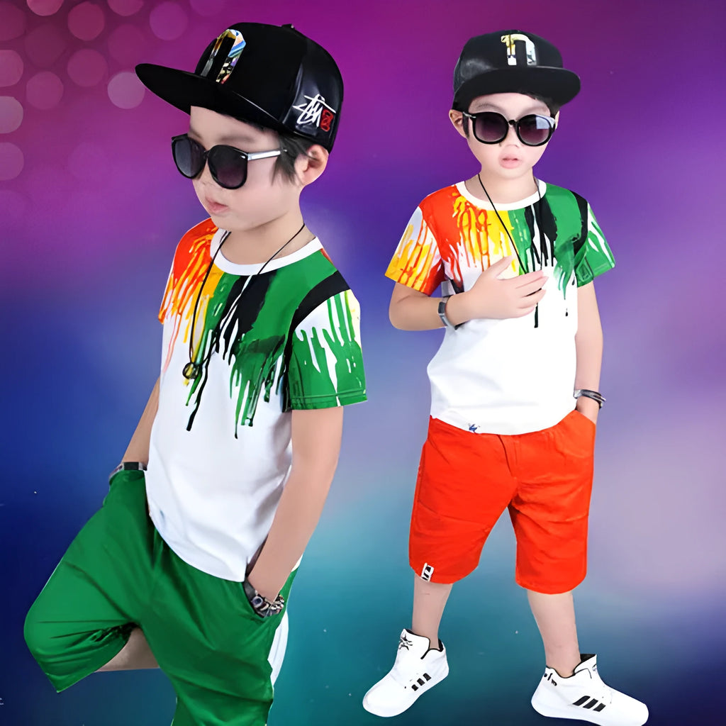 Childrens clothes set summer short sleeve top and shorts green orange Korean style boys 100-150cm