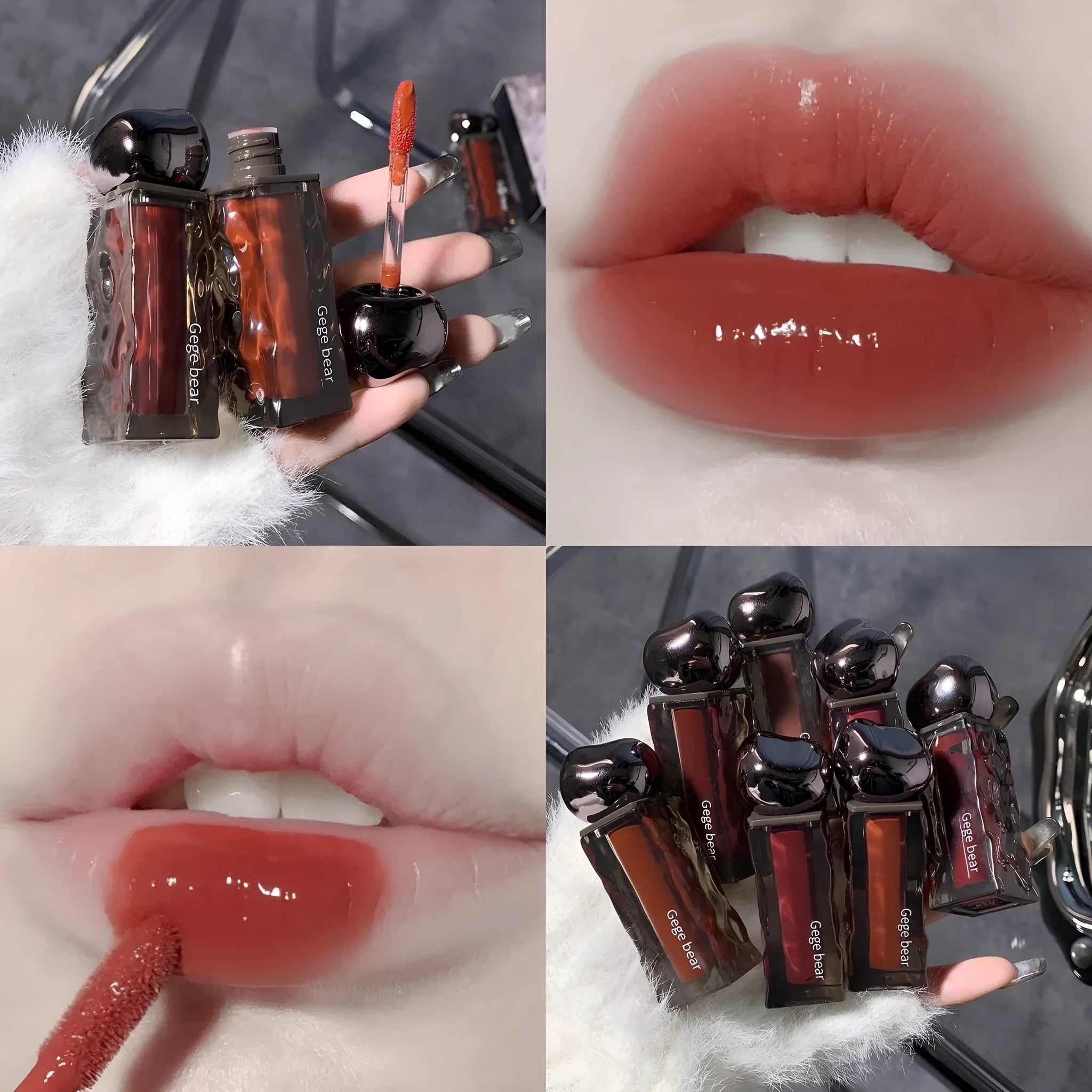 Glacier Lava Lip Lacquer in water-light texture with mirror finish across seven colour numbers