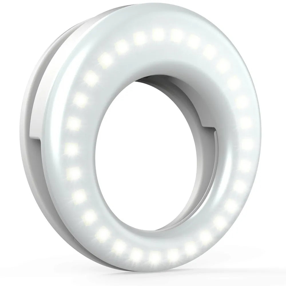 Black LED selfie ring light for mobile phones with adjustable brightness and USB charging port.