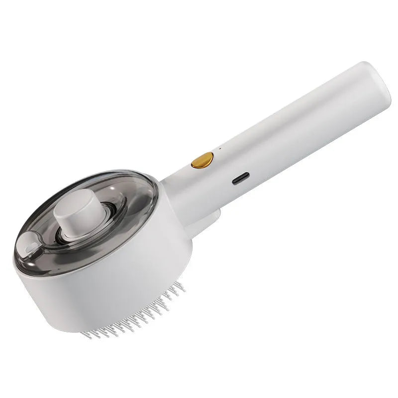 Ceramic white pet grooming comb with UVC light, spray mist tank, and soft needles for dog and cat hair removal.