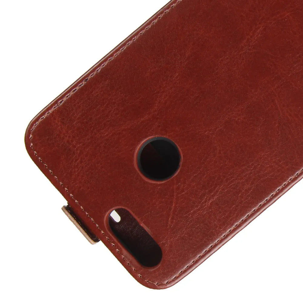 Honor 7X leather wallet phone case in crazy horse texture with visible card slots on the back.