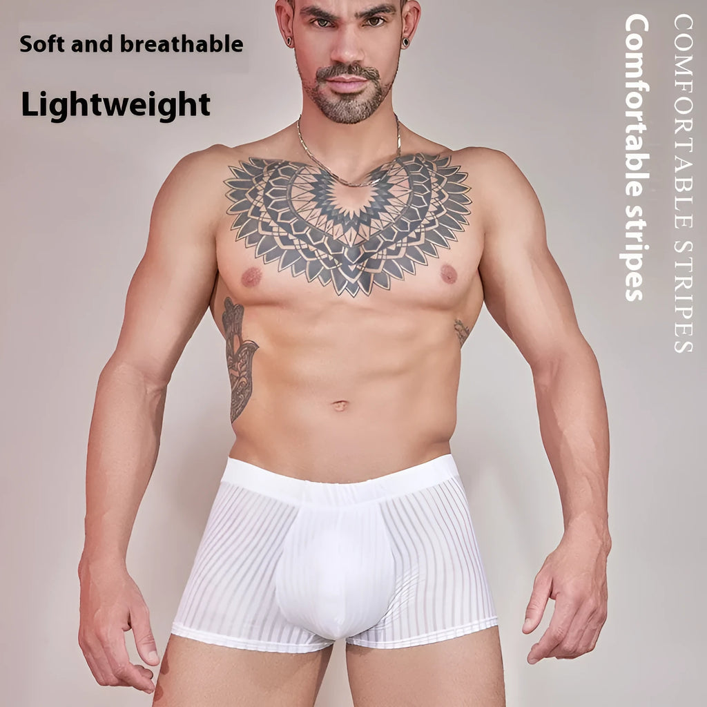 Men's thin striped underwear in black, laid flat showing Free Size fit and nylon fabric texture.