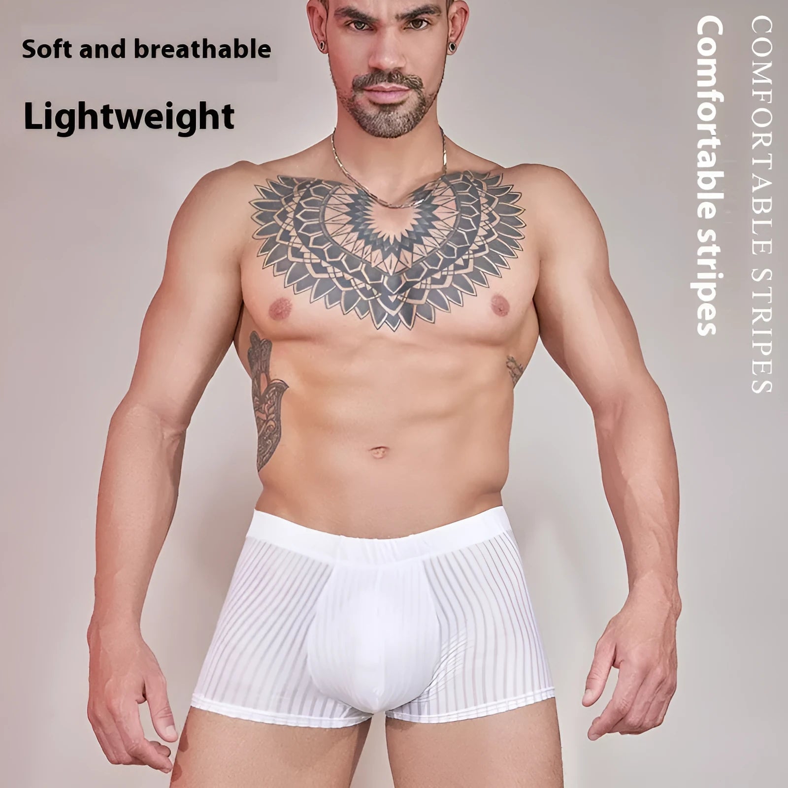 Men's thin striped underwear in black, laid flat showing Free Size fit and nylon fabric texture.
