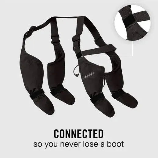 Black waterproof dog shoes with adjustable straps and non-slip soles in various sizes
