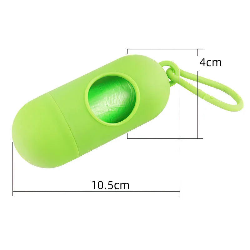 Small plastic dog poop bag dispenser with a side hook and Velcro strap in assorted colours.