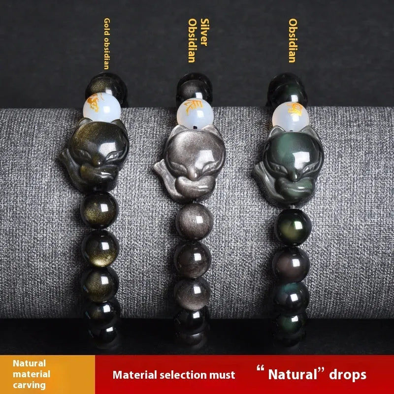 Natural black obsidian zodiac bracelet with 10mm beads on an elastic cord in three style variations.