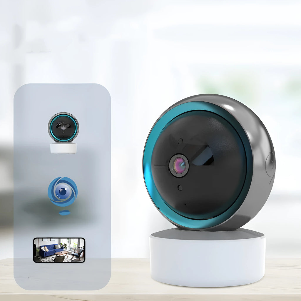 White indoor WiFi security camera with 360-degree rotation on a stand.