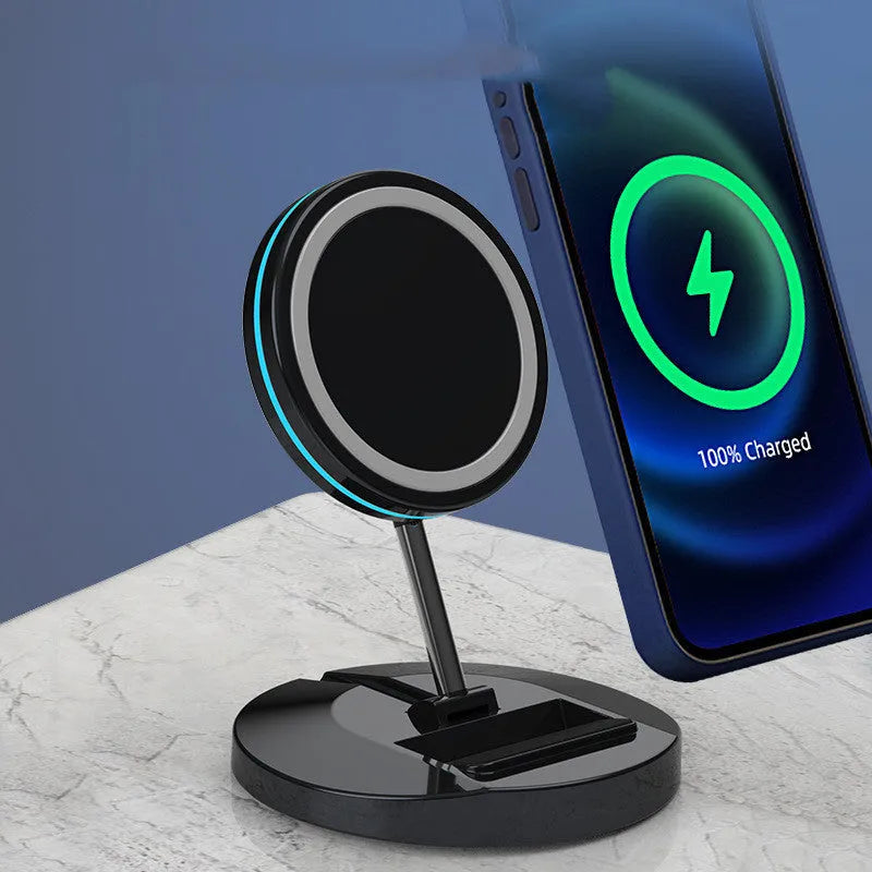 Magnetic wireless charging stand folded and unfolded showing iPhone 12 compatibility and USB connection