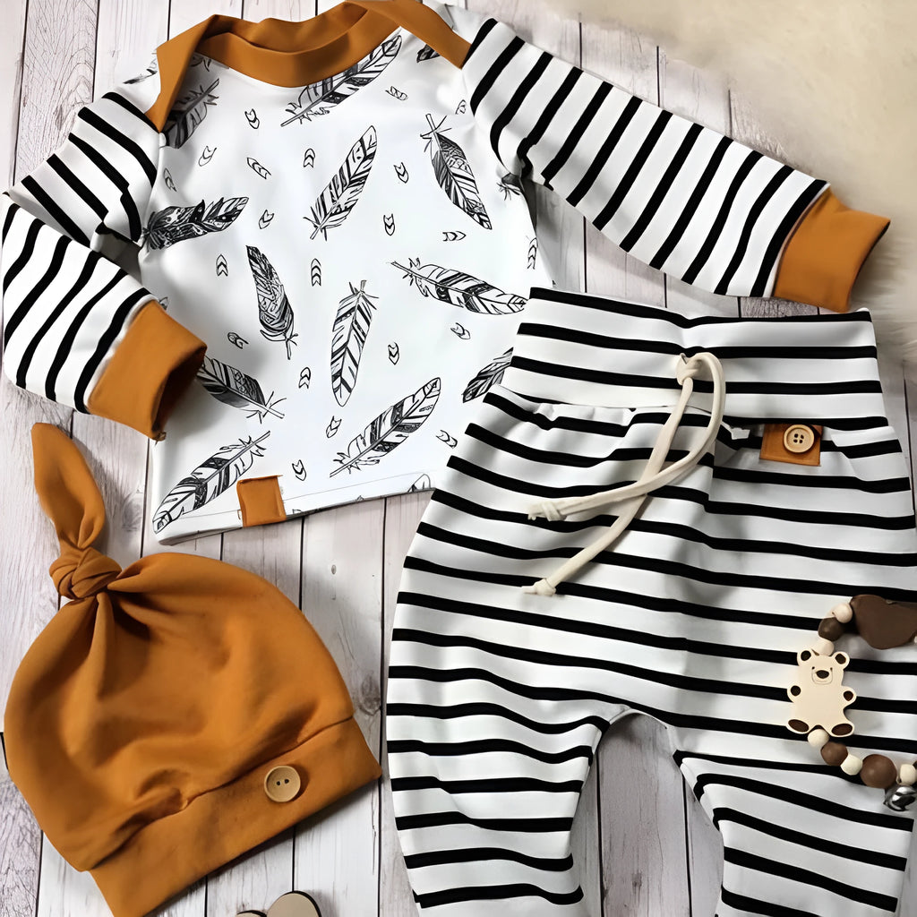 Striped cotton 3-piece children's outfit set with hat, top, and pants in Mibaise, sizes 70-100cm