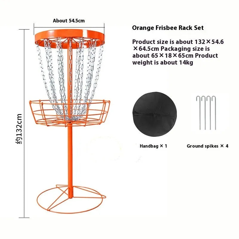 Golf chain rack blocking net with iron frame and 24 chains on grass outdoors