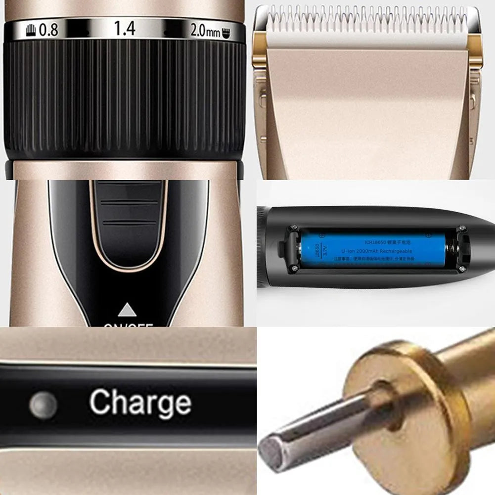 Golden professional cordless pet grooming clipper kit with ceramic titanium blade, four guide combs, nail clippers, and file on a table