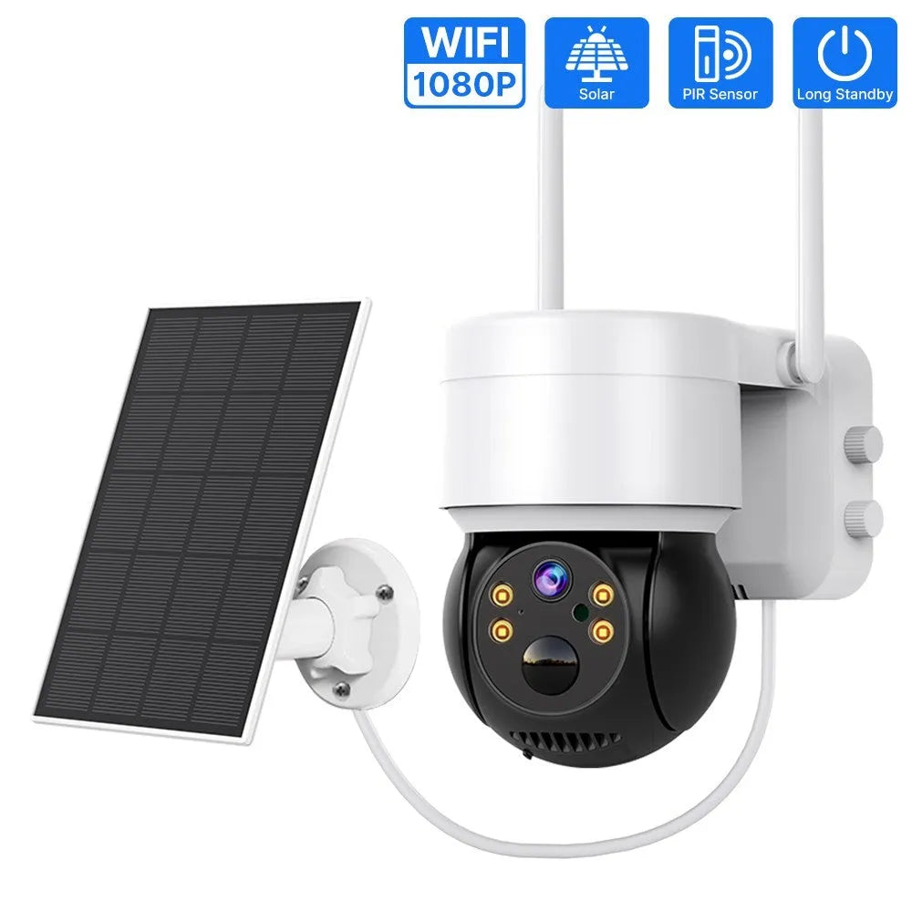 Outdoor wireless Wi-Fi surveillance camera with solar panel, 3.6mm lens, motion detection, available in black or white