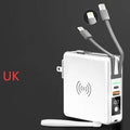 Black and white Super QI 10000mAh power bank with built-in plug and international travel adaptors set.