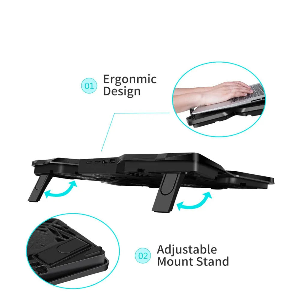 Blue laptop cooling base with four LED fans and two USB ports on a desk.