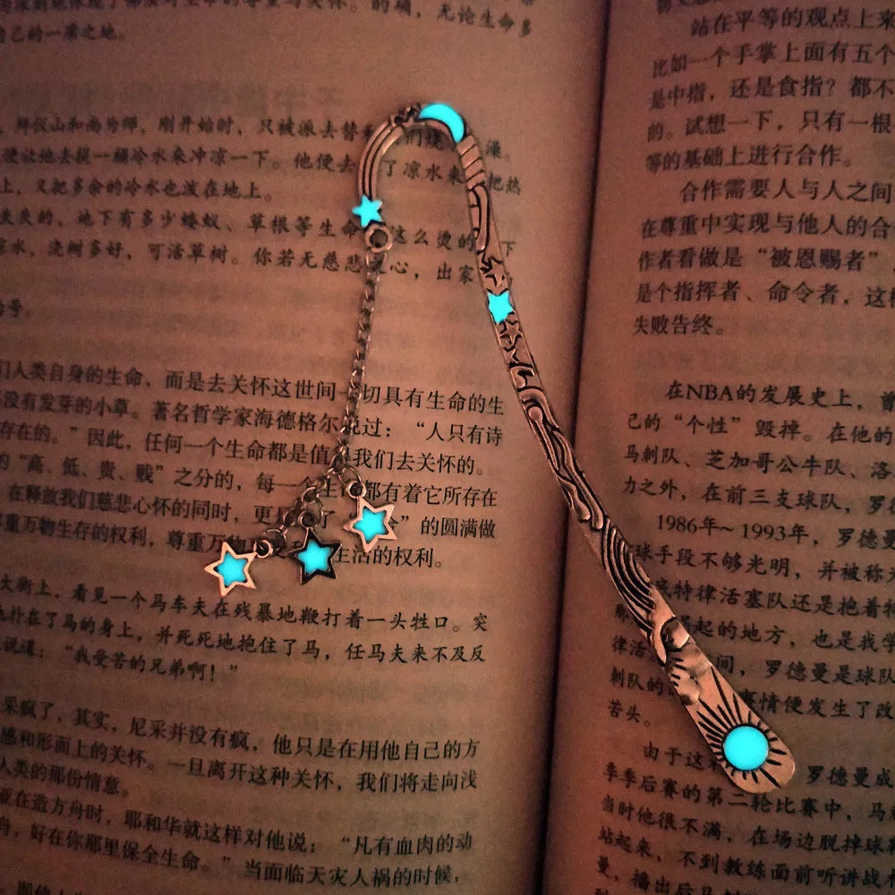 Retro five-pointed star metal bookmark with fluorescent detail in ancient silver or bronze celestial design