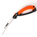 A folding garden saw with a black TPR handle and a metallic 230mm saw blade, shown both open and closed.