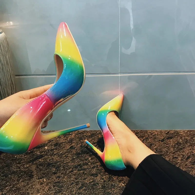 Rainbow patent leather women's high heels with pointed toe and ultra-high thin heel