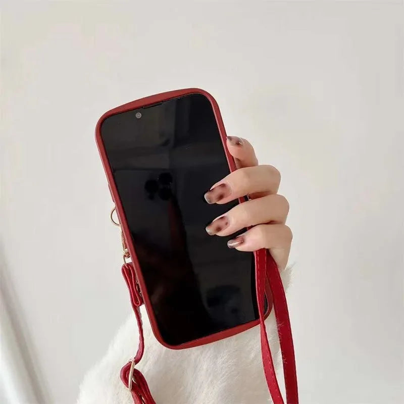 Red diamond plaid TPU crossbody card holder phone case with lanyard for iPhone models