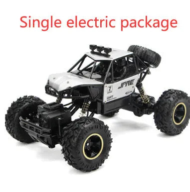 Black and silver 4WD remote control off-road climbing cars on rough terrain showing two size options.
