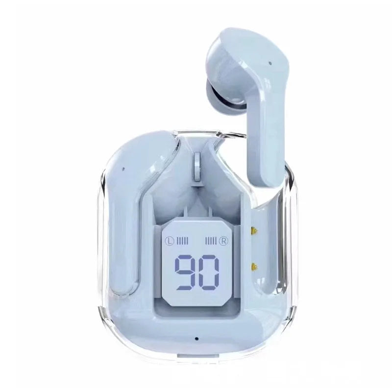 Transparent space capsule case containing true wireless Bluetooth headphones with a digital display screen.