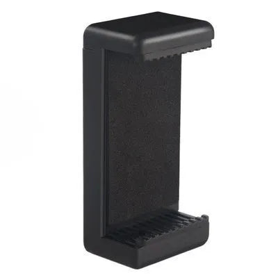 Black plastic phone holder with rotating clamp on desk surface