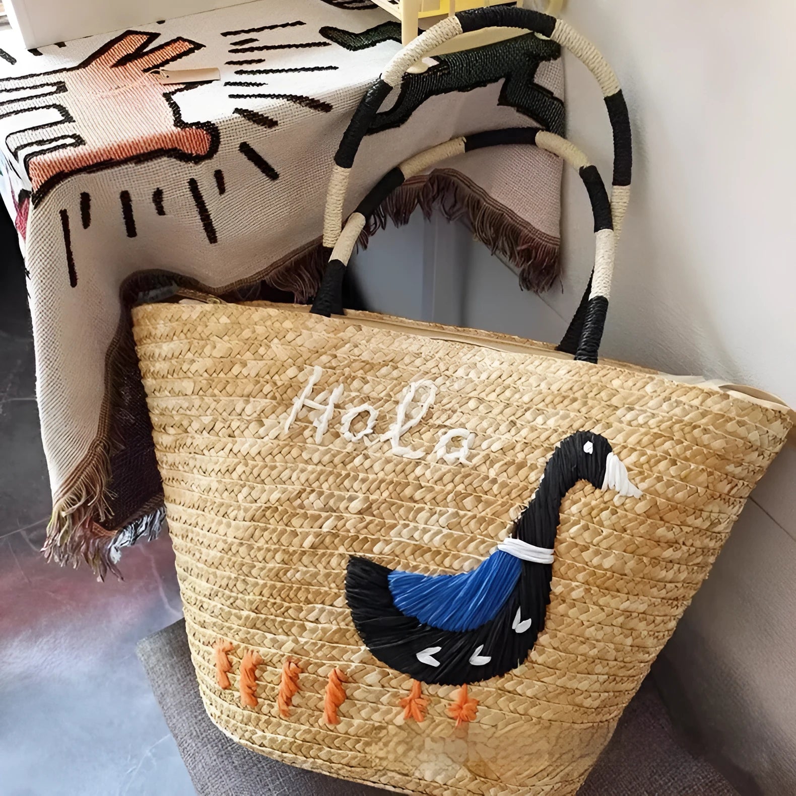 Women's hand-woven straw vegetable basket shoulder tote bag in khaki