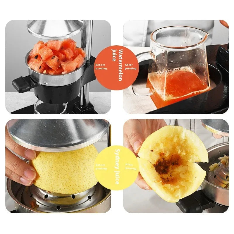 Black ductile cast iron manual citrus juicer with stainless steel strainer on a kitchen counter