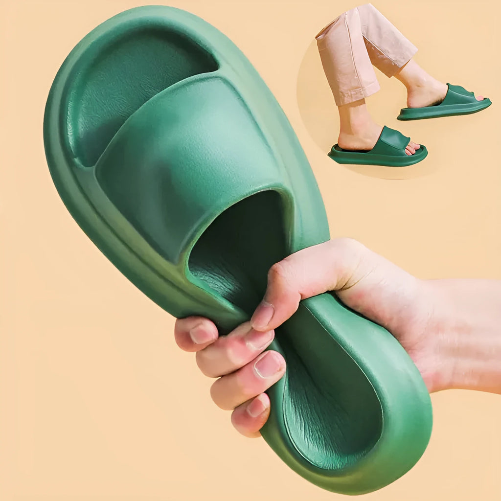 Thick-soled EVA flip flop slippers in multiple colours on a white background.