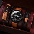 Men's canvas quartz watch and bracelet set with three eye dial, 11mm thick, shown with three bracelets and gift box