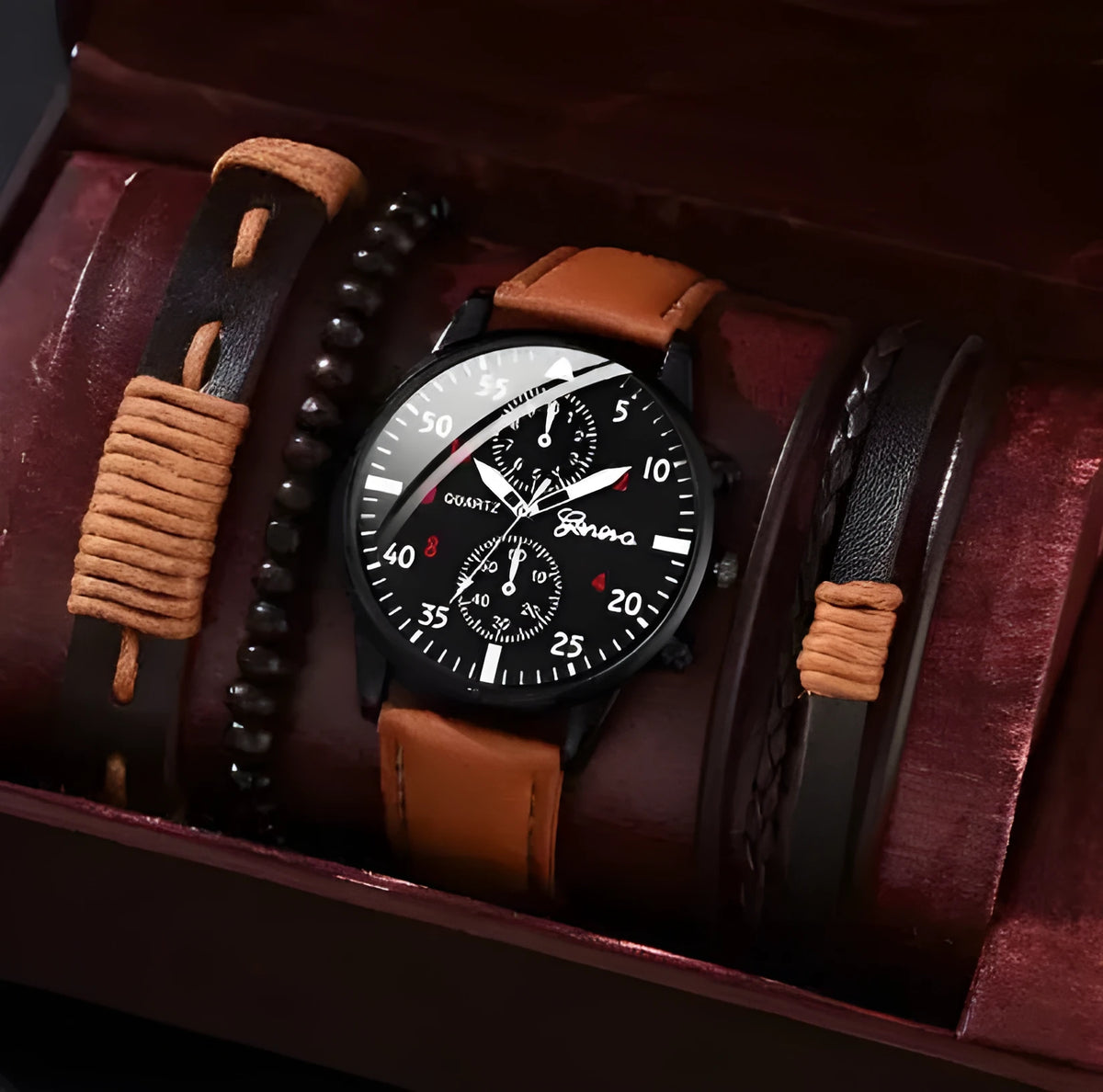 Men's canvas quartz watch and bracelet set with three eye dial, 11mm thick, shown with three bracelets and gift box