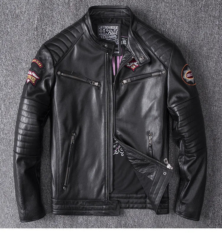 Men's black genuine leather stand collar motorcycle jacket with skull pattern