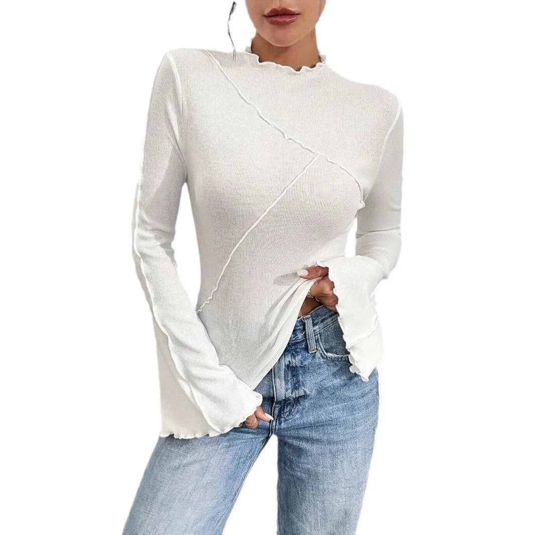 Fashion beveled bell sleeve slim fit inner wear shirt with ruffled collar in black