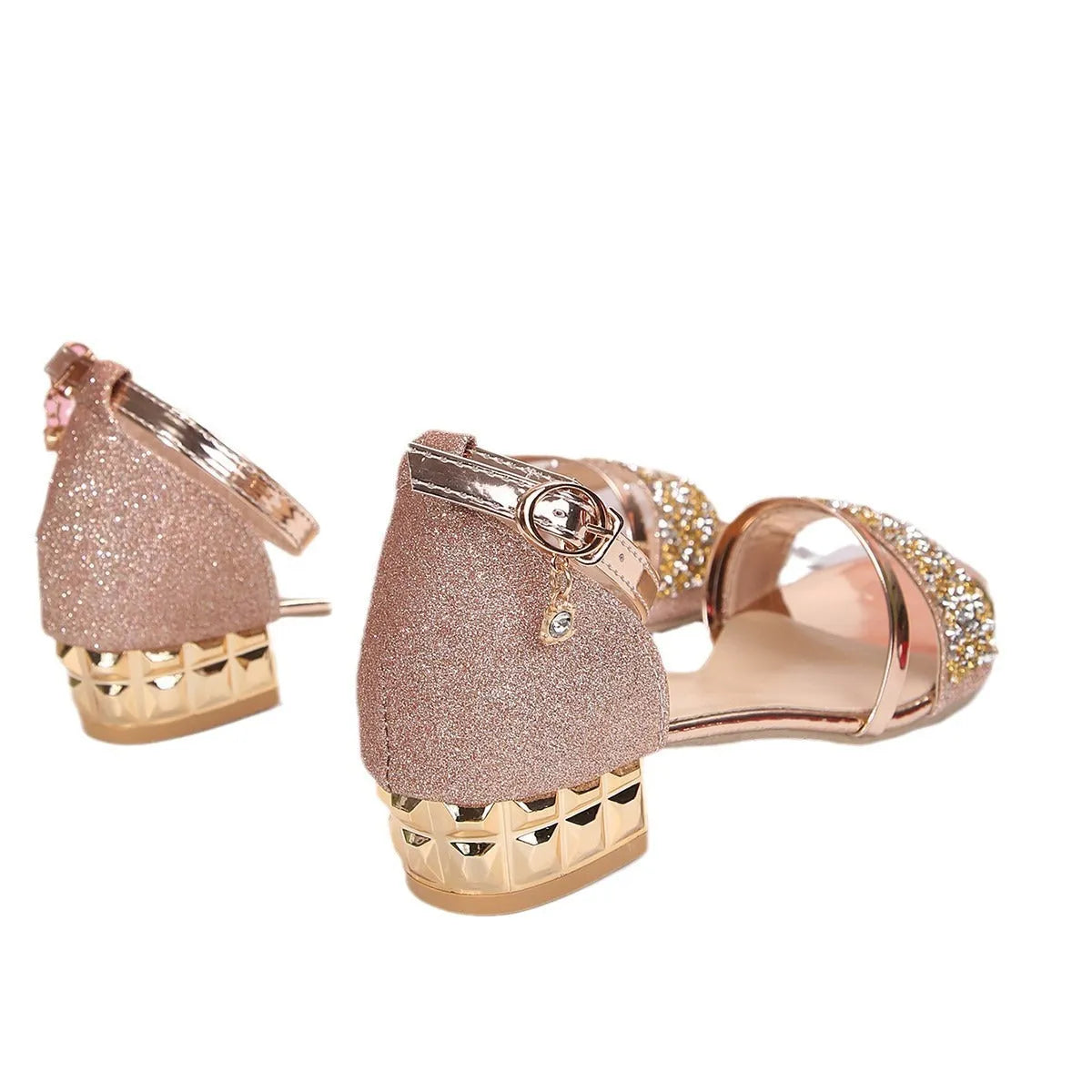 Women's black Roman sandals with fish mouth toe and rhinestone buckle on a rubber sole.