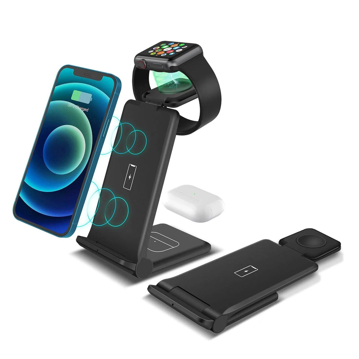 White 3-in-1 foldable wireless charging station showing iPhone, AirPods case, and Apple Watch on charging pads