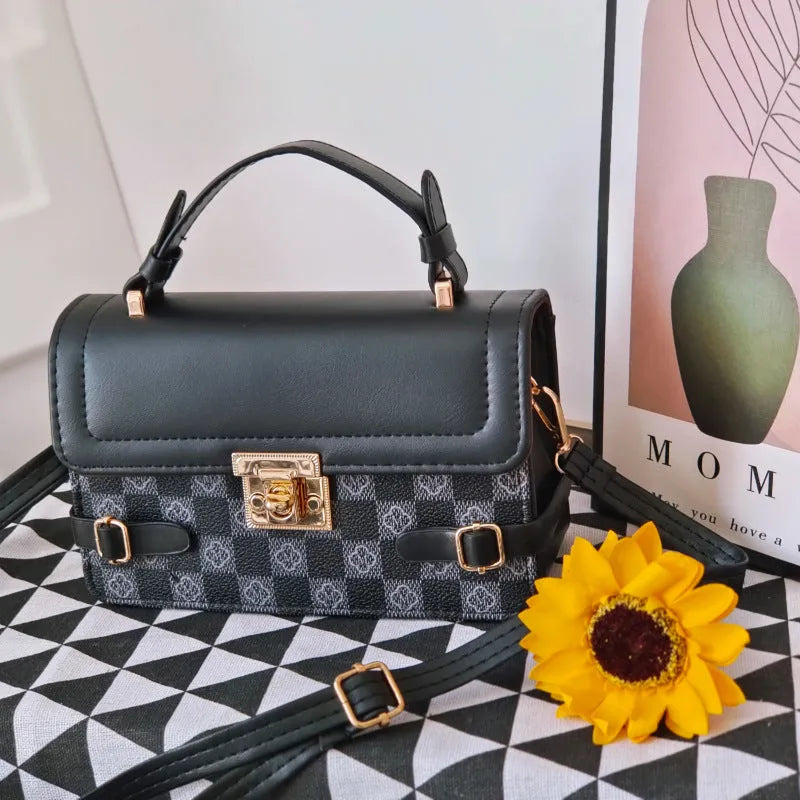 Retro small square PU leather crossbody bag with floral embroidery and plaid pattern in apricot colour.
