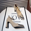 Women's chunky-heel peep-toe heels in apricot with single strap buckle, PU upper, and rubber outsole