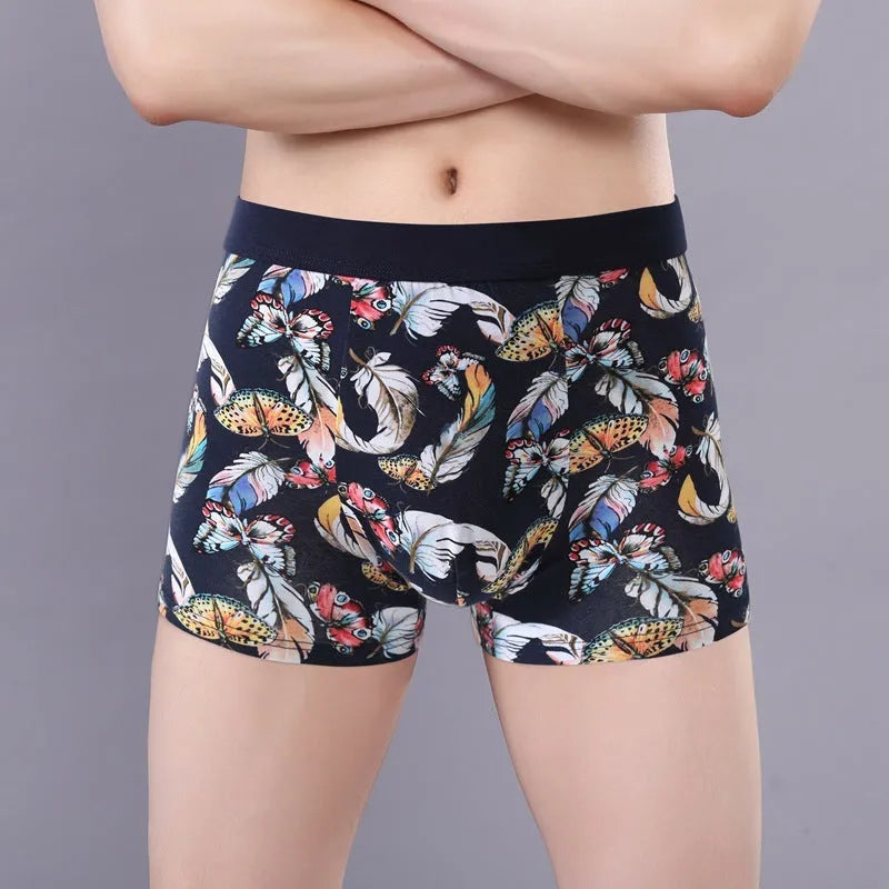 Men's cotton boxer underwear with U-shaped convex design in floral pattern colours
