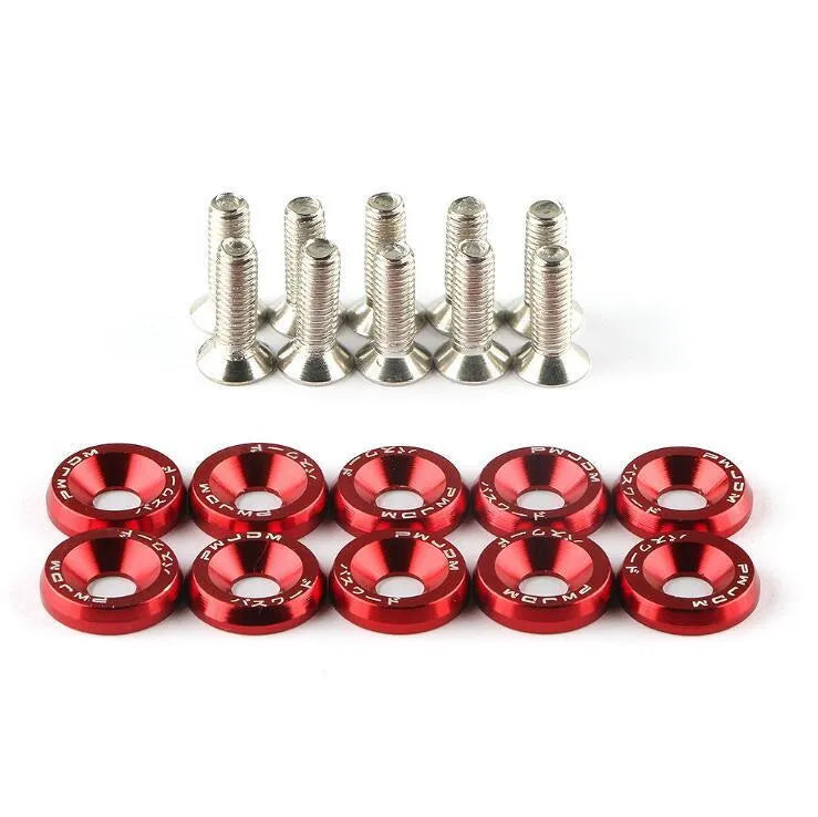 Car modification gasket screw set showing 10 pieces in eight different colours including black, red, blue and silver