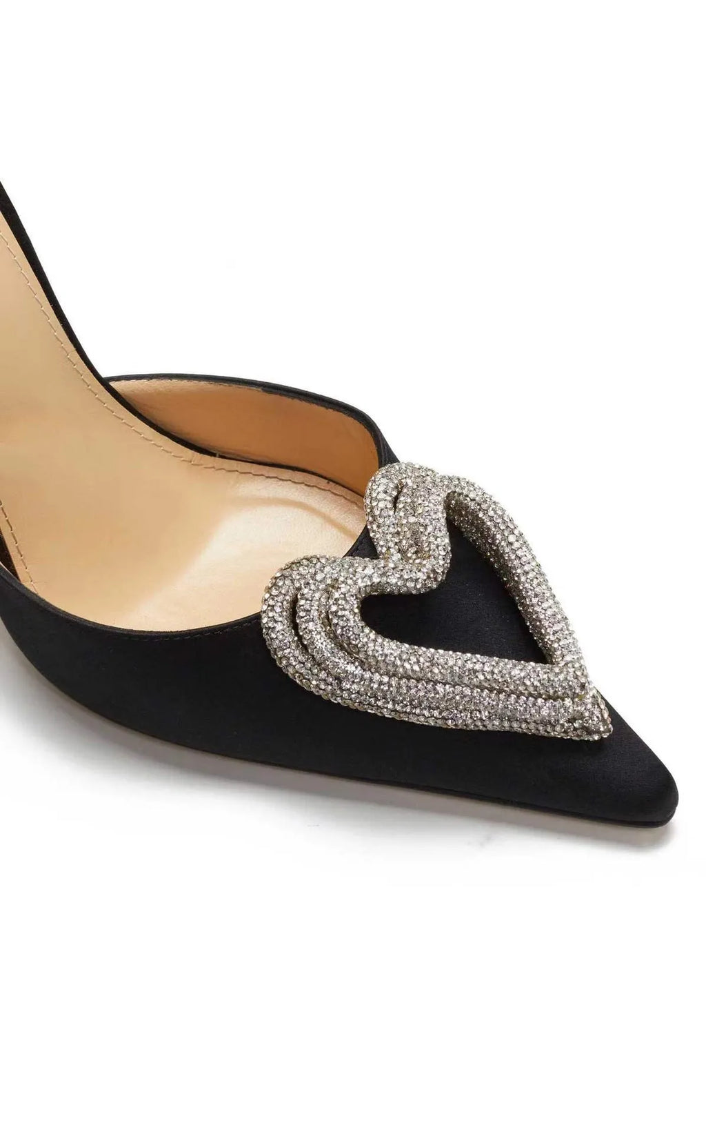 Women's satin sandals with heart-shaped rhinestone toe straps and adjustable ankle wrapping
