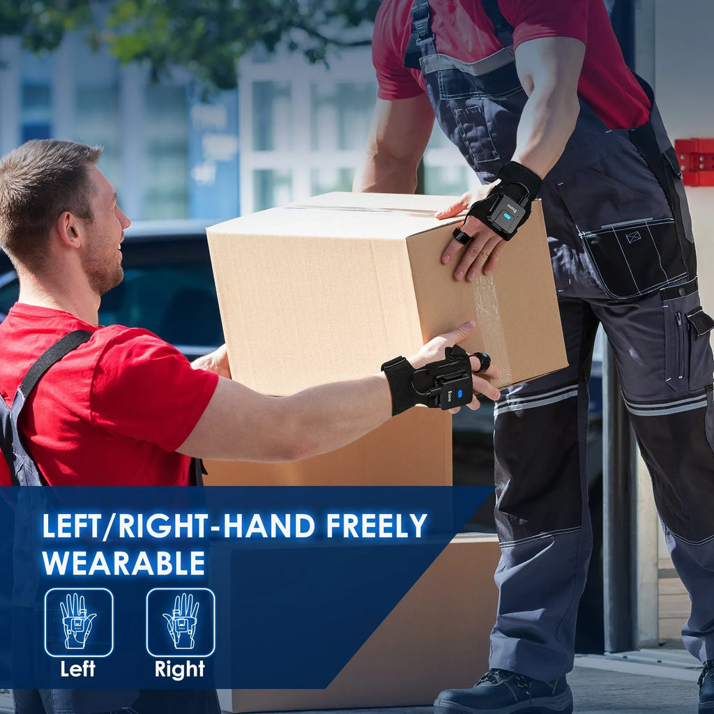 Bluetooth scanning gloves with integrated wrist-mounted barcode reader showing wireless handheld scanner design