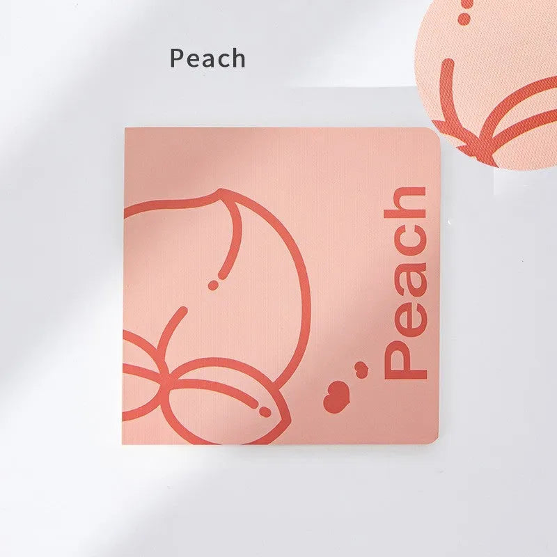 Square fruit design notebook with 14.5cm sides showing colour-embossed cover options.