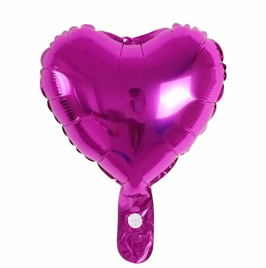 Set of five shiny metallic peach heart-shaped aluminium balloons in rose red colour.