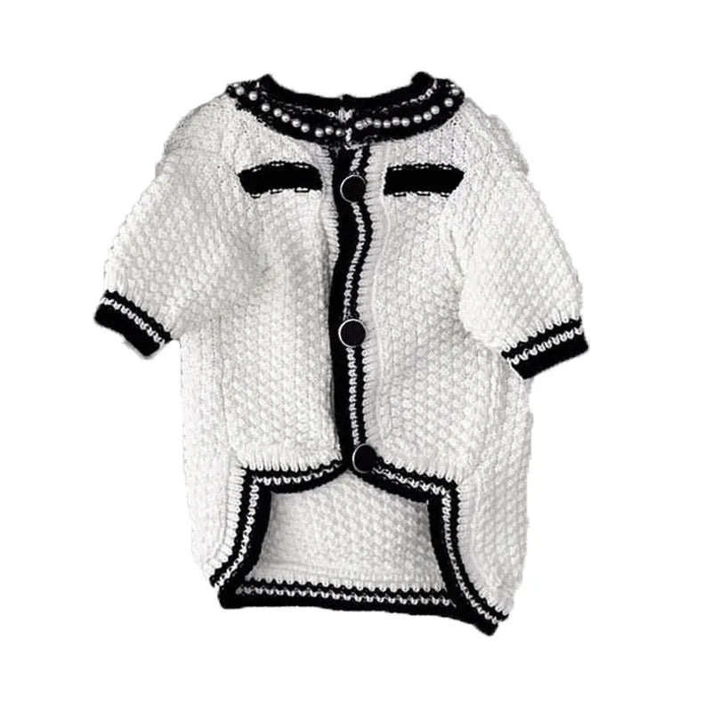 Korean style white puppy sweater with pearl collar on small dog, showing princess style design