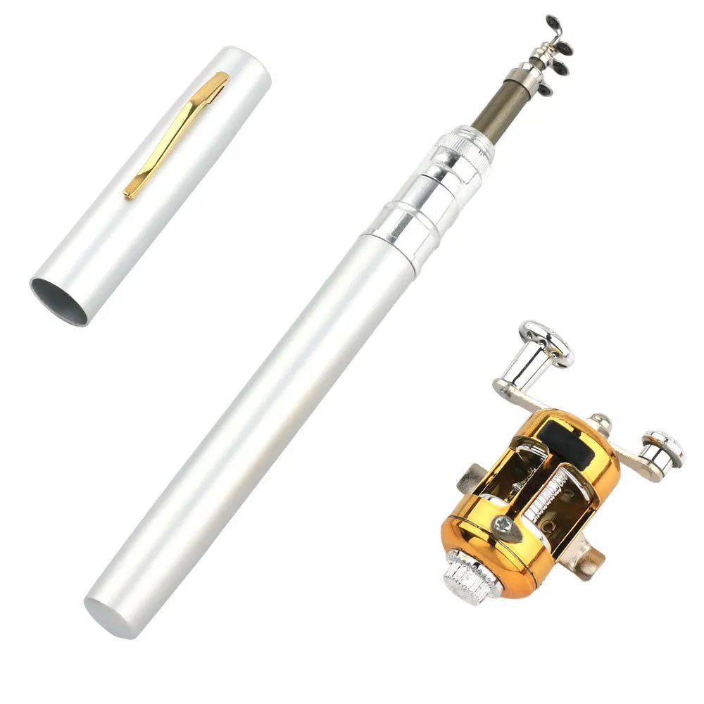Portable telescopic fishing rod kit with gold reel and aluminium case, extended to 1m and collapsed to 20.5cm.