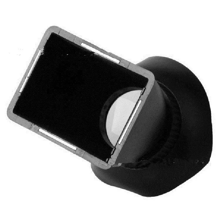 Black camera LCD magnifier loupe attached to a DSLR showing a magnified display screen for video shooting.