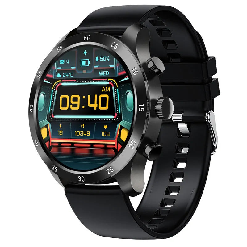 Black Bluetooth smart watch with touch screen displaying heart rate, on a grey silicone strap.