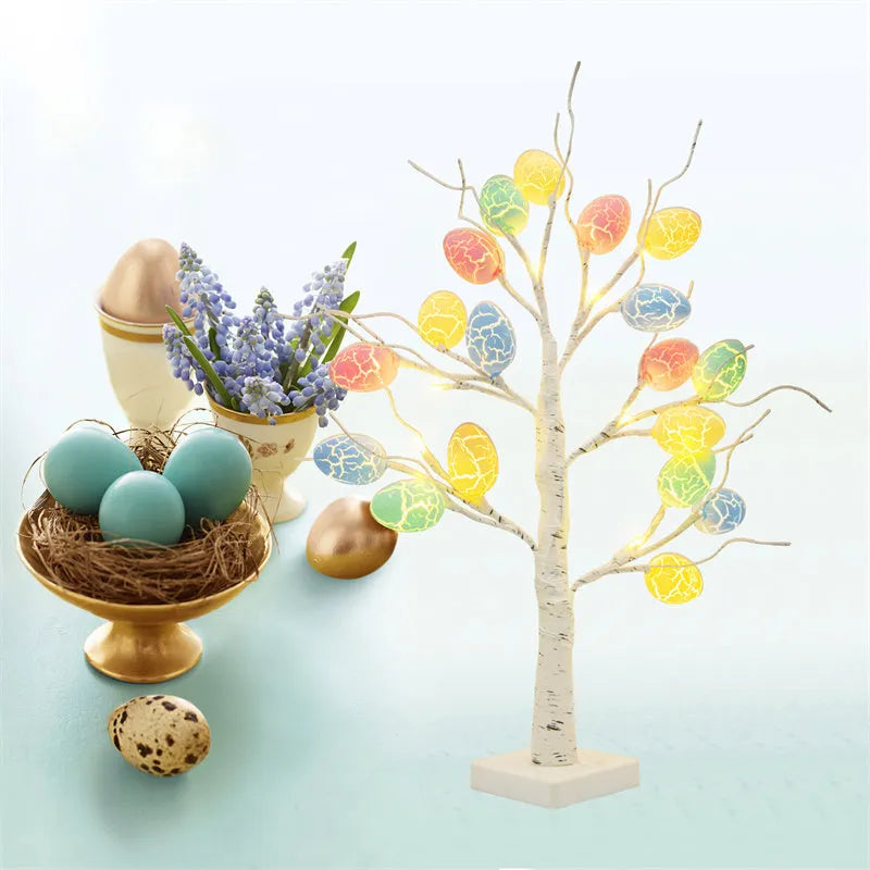 60cm white LED birch tree Easter decoration with adjustable branches and hanging cracked egg ornaments