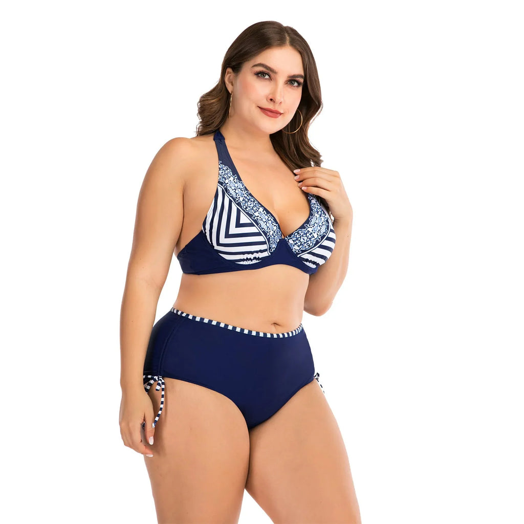 Fat woman underwire bikini in photo colour with steel support and chest pad, plus size L to 4XL