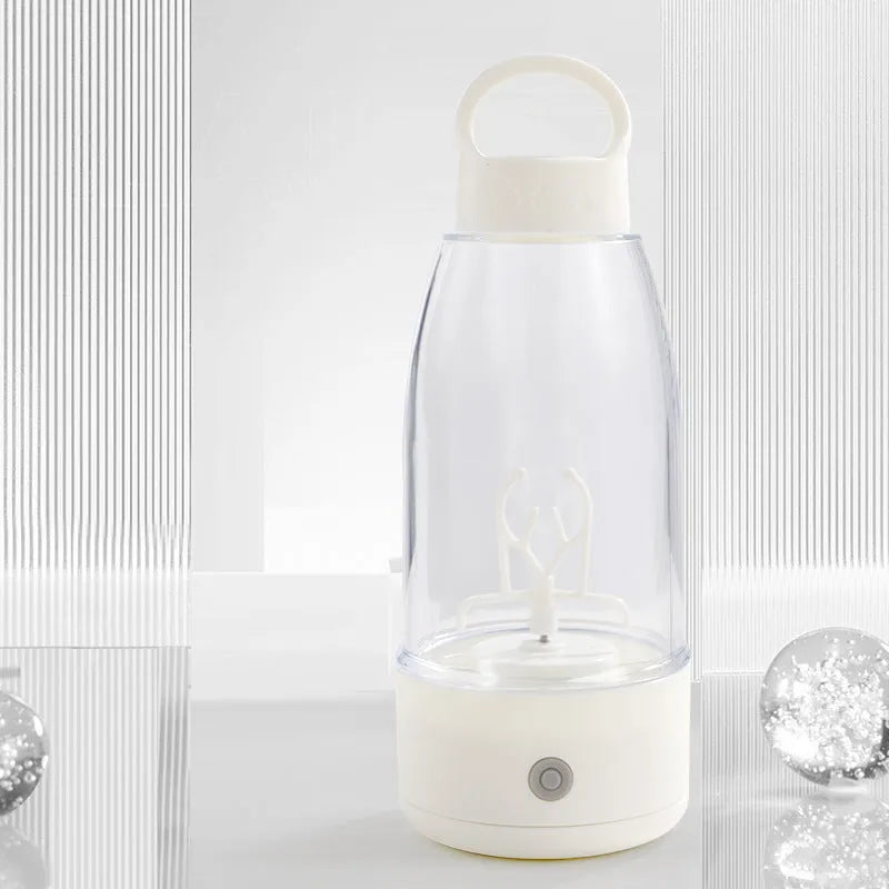 Automatic electric shaker bottle with USB charging port, handle, and lid in green, pink, or white.
